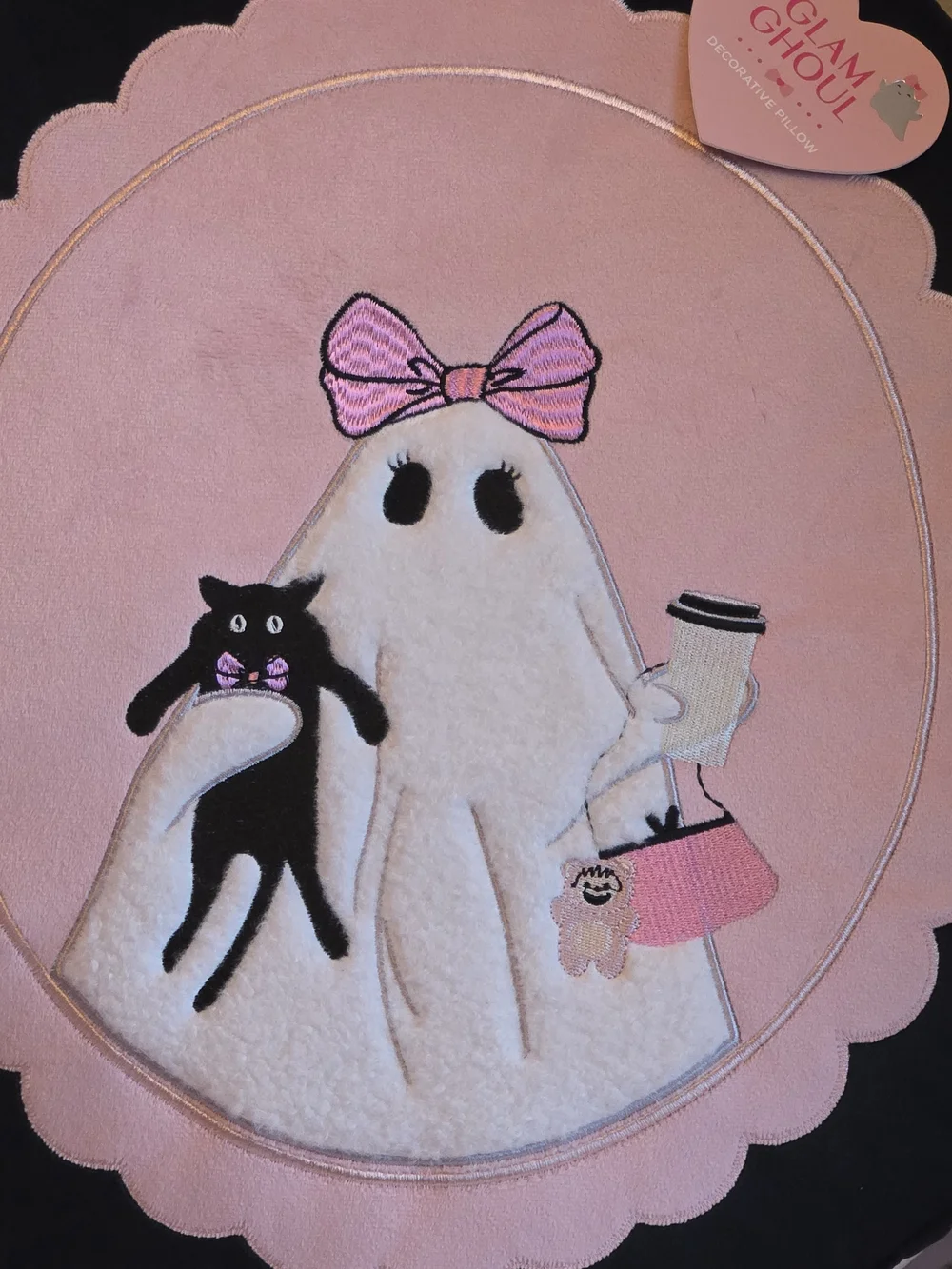 Halloween Pink/Black Coquette Ghost Holding Cat Round Pillow